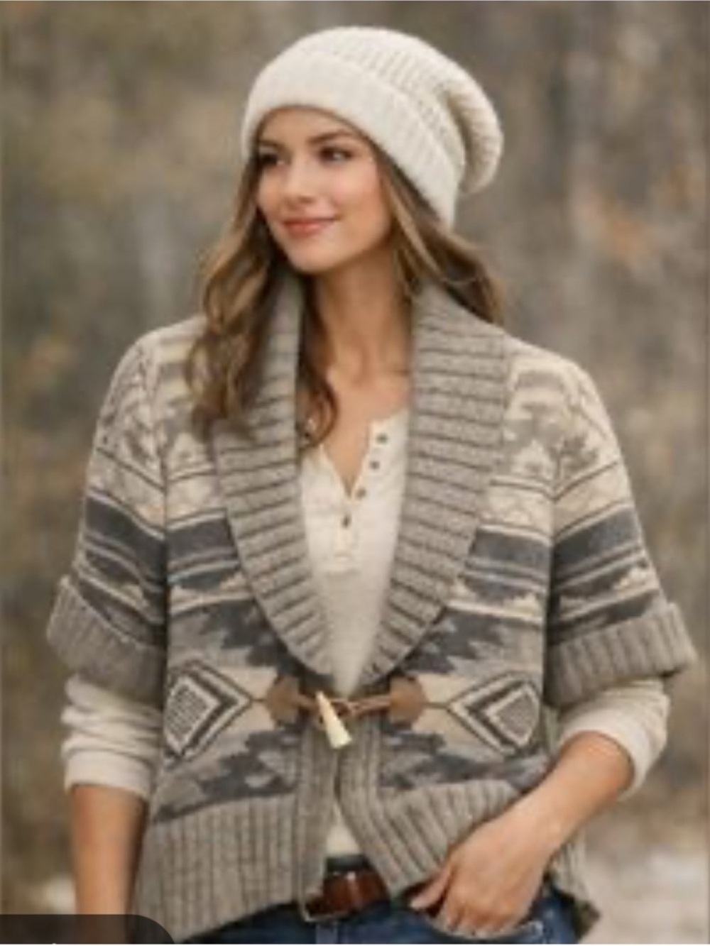 Lauren Ralph Lauren Southwest Aztec Wool Angora Rabbit Fur Shawl-Collar Cardigan